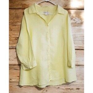 100% Linen Lemon Tunic Relaxed Fit, Button Up, 3/4 Sleeve, Beachy Vibe Size 2XL